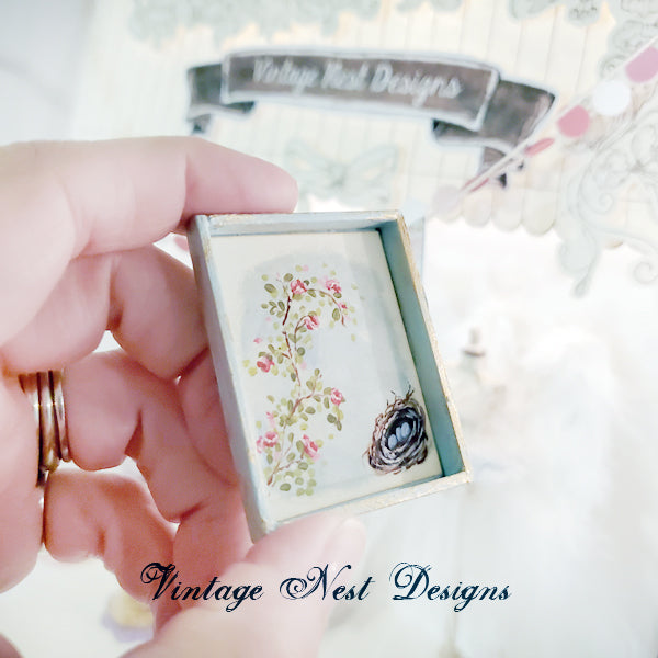 Miniature Bird Nest Roses No.15:1 Dollhouse Handmade Wooden Framed Art