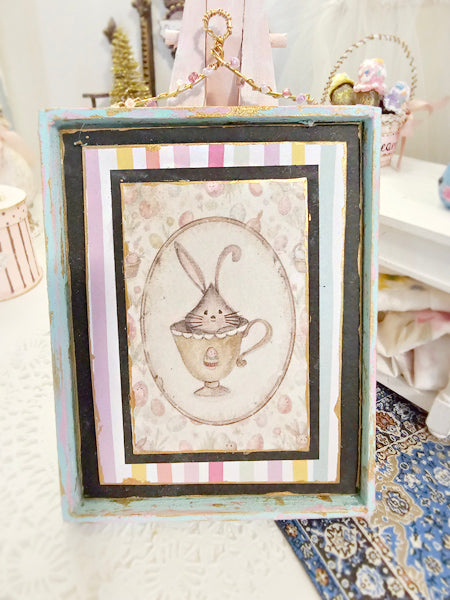 Miniature Bunny in Cup No.1:1 Handmade Framed Art for Dollhouse Diorama Shadow Box