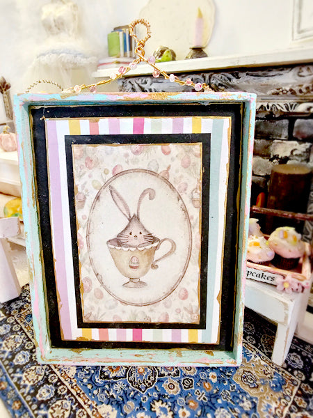 Miniature Bunny in Cup No.1:1 Handmade Framed Art for Dollhouse Diorama Shadow Box