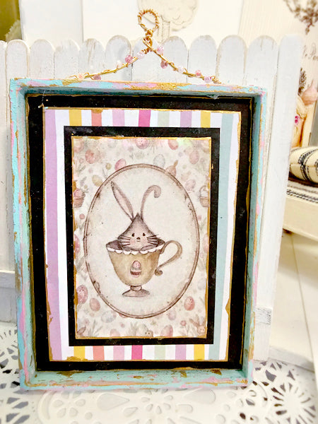 Miniature Bunny in Cup No.1:1 Handmade Framed Art for Dollhouse Diorama Shadow Box