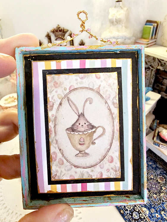 Miniature Bunny in Cup No.1:1 Handmade Framed Art for Dollhouse Diorama Shadow Box