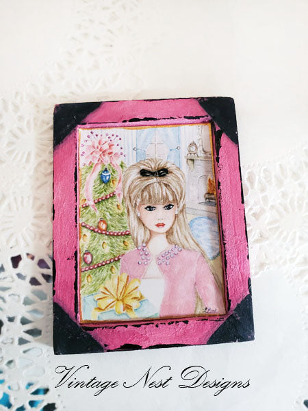 Miniature Christmas Barbie No.11:2 Handmade for Dollhouse Wooden Framed Art