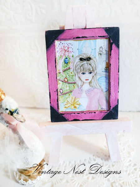 Miniature Christmas Barbie No.11:2 Handmade for Dollhouse Wooden Framed Art