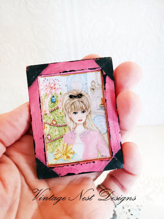 Miniature Christmas Barbie No.11:2 Handmade for Dollhouse Wooden Framed Art