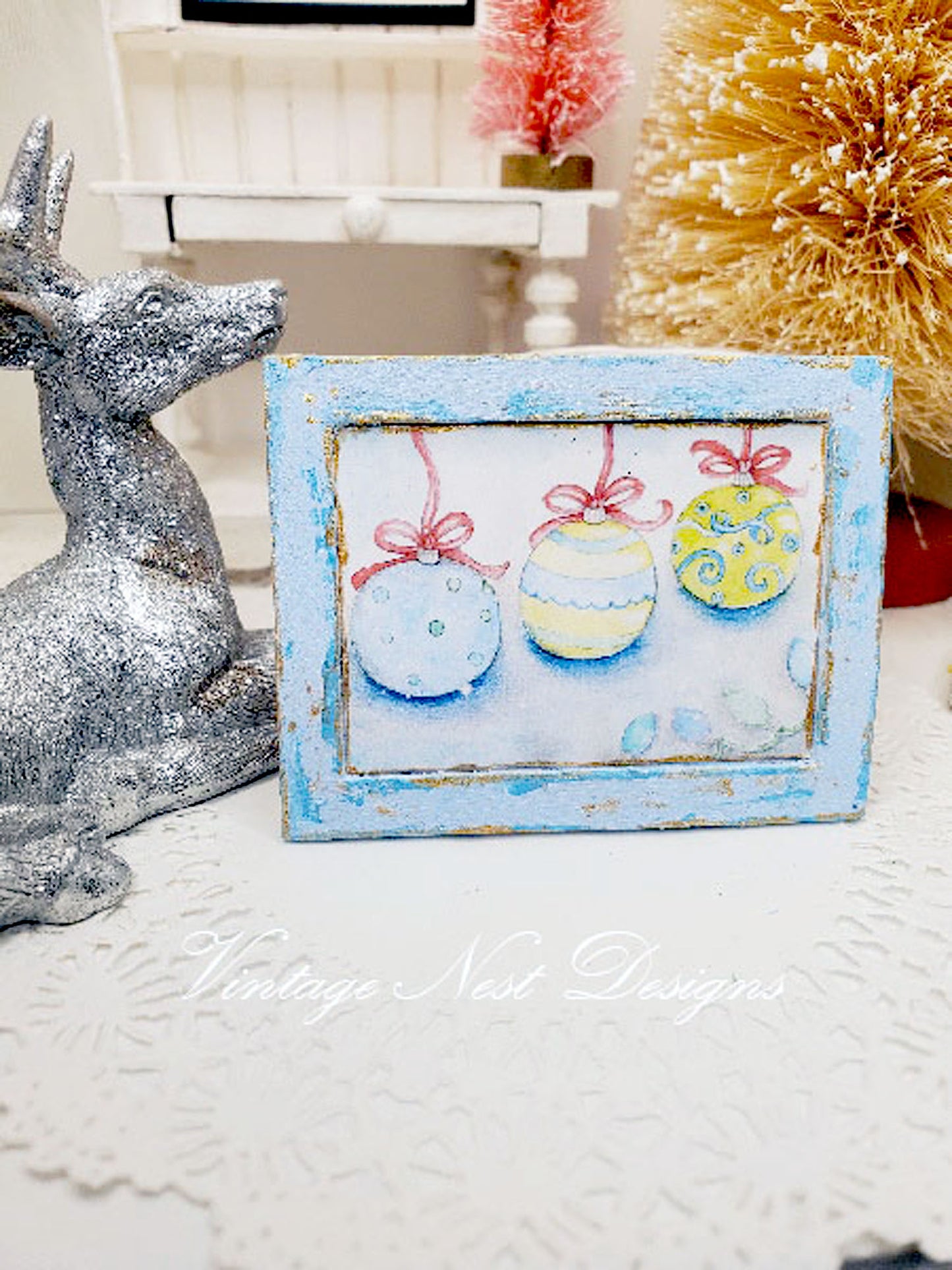 Christmas Bulbs No.1:1 Dollhouse Miniature Handmade Wooden Framed Art