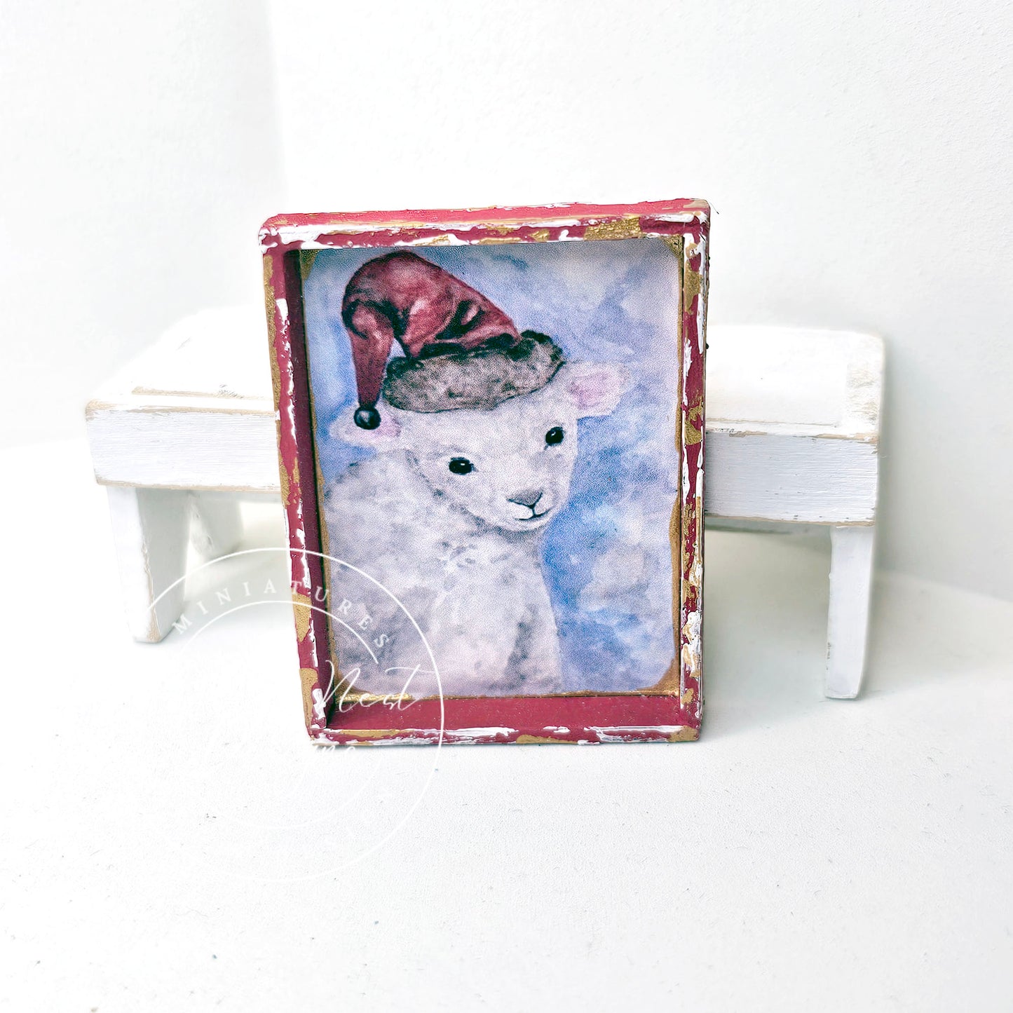 Christmas Lamb No.1:1 Dollhouse Miniature Handmade Wooden Framed Art