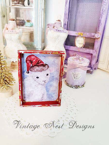 Christmas Lamb No.1:1 Dollhouse Miniature Handmade Wooden Framed Art