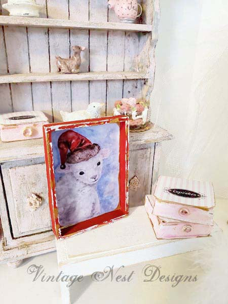 Christmas Lamb No.1:1 Dollhouse Miniature Handmade Wooden Framed Art