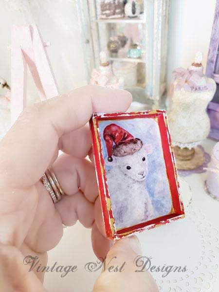 Christmas Lamb No.1:1 Dollhouse Miniature Handmade Wooden Framed Art