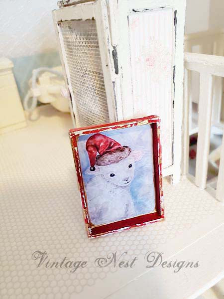Christmas Lamb No.1:1 Dollhouse Miniature Handmade Wooden Framed Art