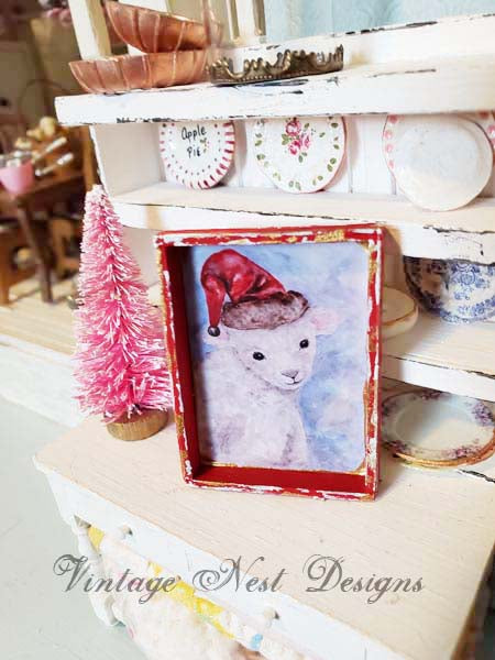Christmas Lamb No.1:1 Dollhouse Miniature Handmade Wooden Framed Art