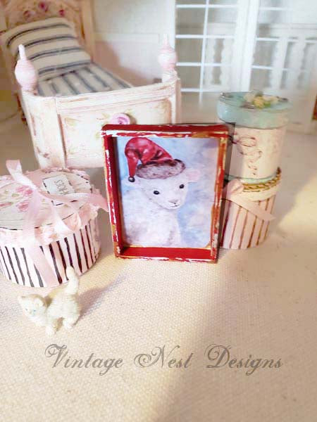 Christmas Lamb No.1:1 Dollhouse Miniature Handmade Wooden Framed Art