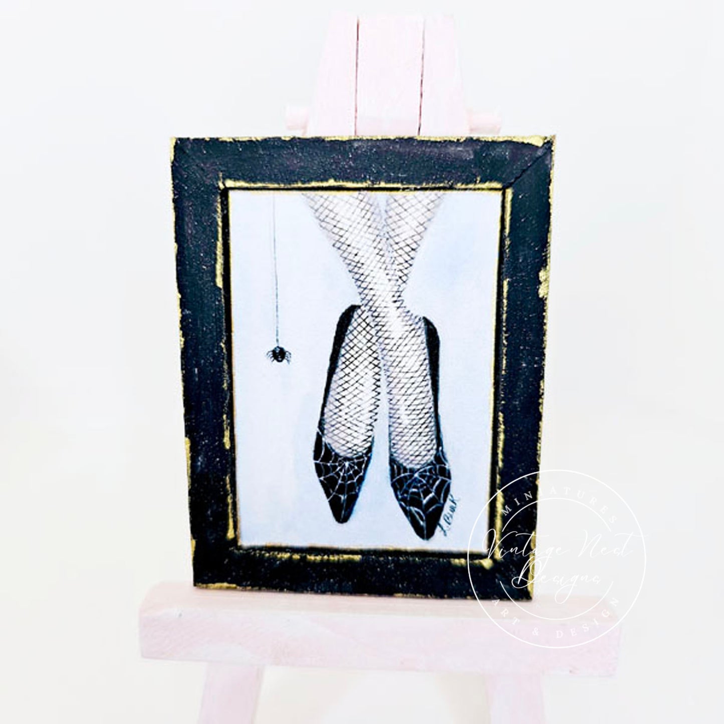 Spider Web Shoes No.1 Dollhouse Miniature Handmade Wooden Framed Art