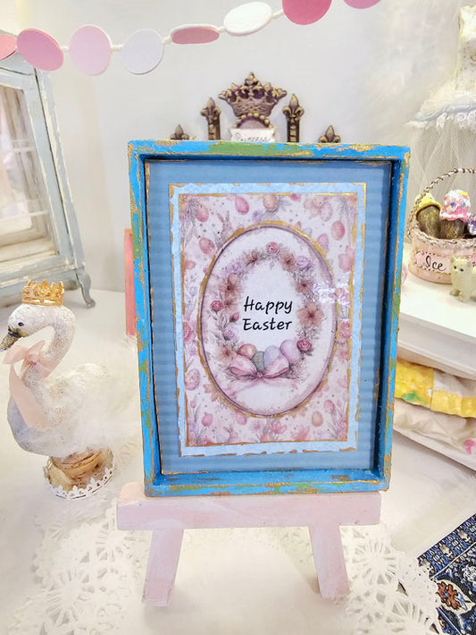 Happy Easter No.1:1 Handmade Framed Art for Dollhouse Diorama Shadow Box