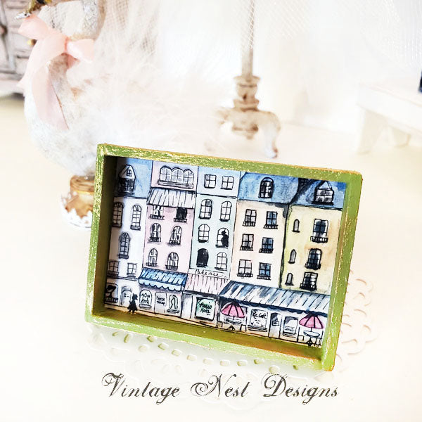 Paris Shopping in the City Nr.1:1 Puppenhaus Miniatur handgemalte gerahmte Kunst