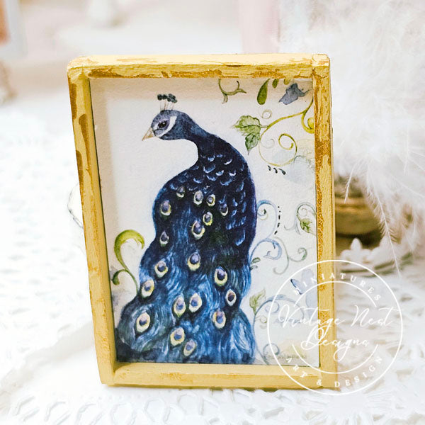 Peacock No.1:1 Dollhouse Miniature Handmade Wooden Framed Art