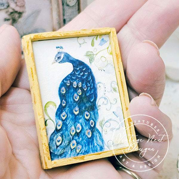 Peacock No.1:1 Dollhouse Miniature Handmade Wooden Framed Art