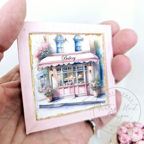 Miniature Pink Bakery Shop No.1:2 Wooden Framed Art Handmade for Dollhouse