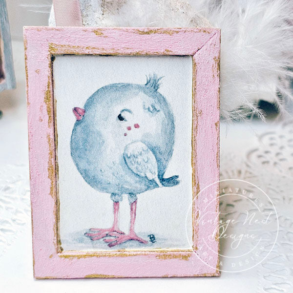 Pink Tweet No.1:1 Dollhouse Miniature Handmade Wooden Framed Art