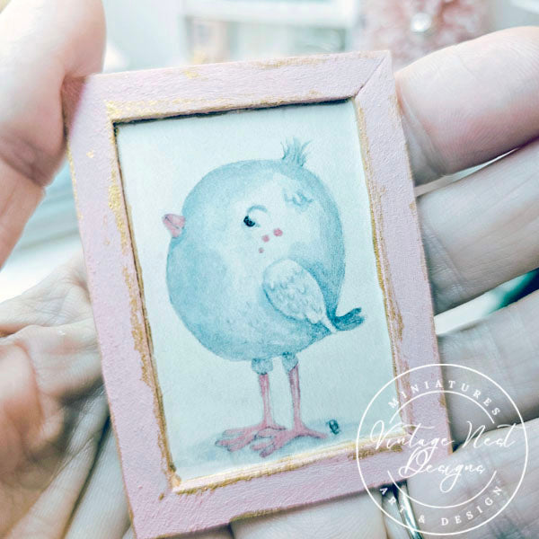 Pink Tweet No.1:1 Dollhouse Miniature Handmade Wooden Framed Art
