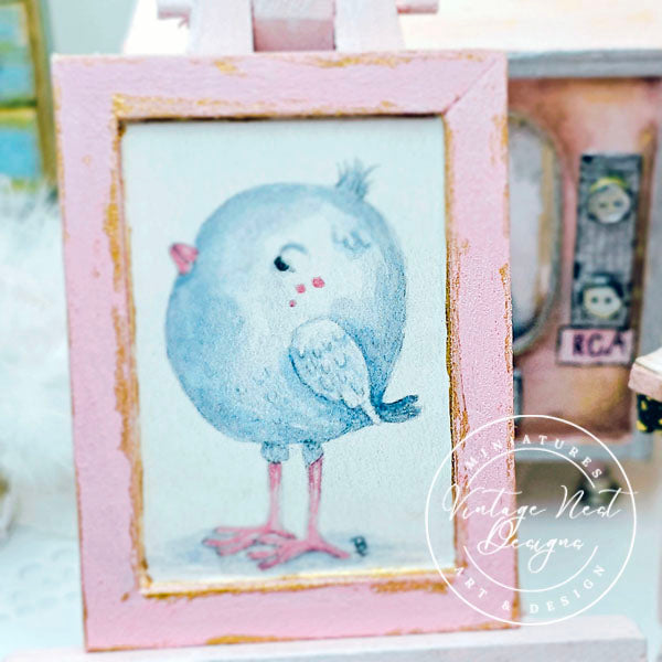 Pink Tweet No.1:1 Dollhouse Miniature Handmade Wooden Framed Art