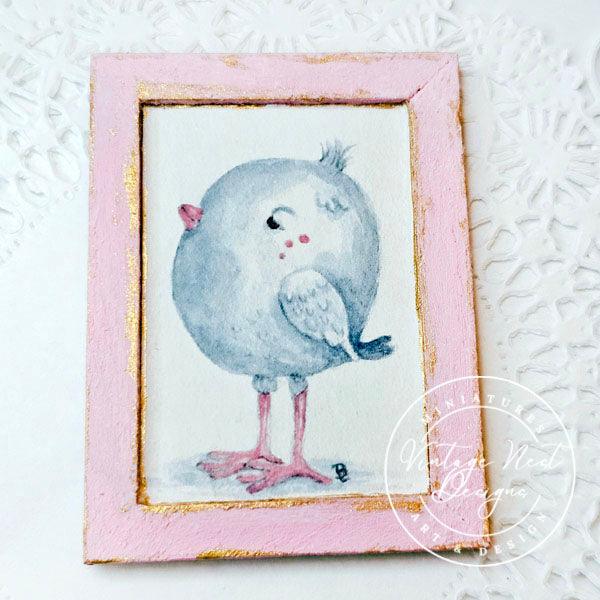 Pink Tweet No.1:1 Dollhouse Miniature Handmade Wooden Framed Art