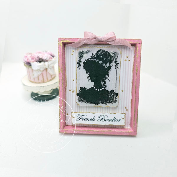 Miniature Silhouette Doll No.1-1 Art , Pink Wood Frame Dollhouse Diorama 1:12 Scale