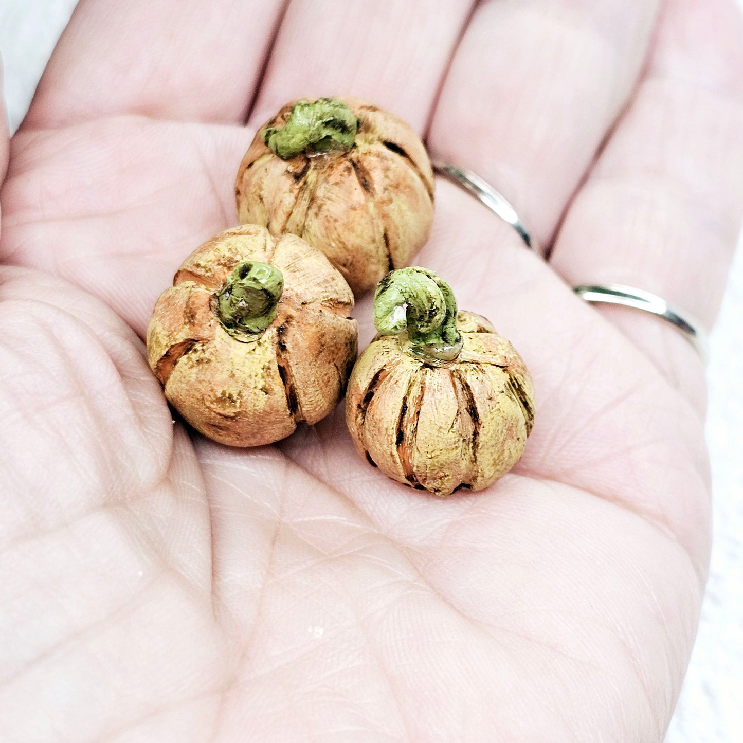 Three small dried pumpkin-shaped earrings resting on an open hand, with two silver rings visible on the fingers.