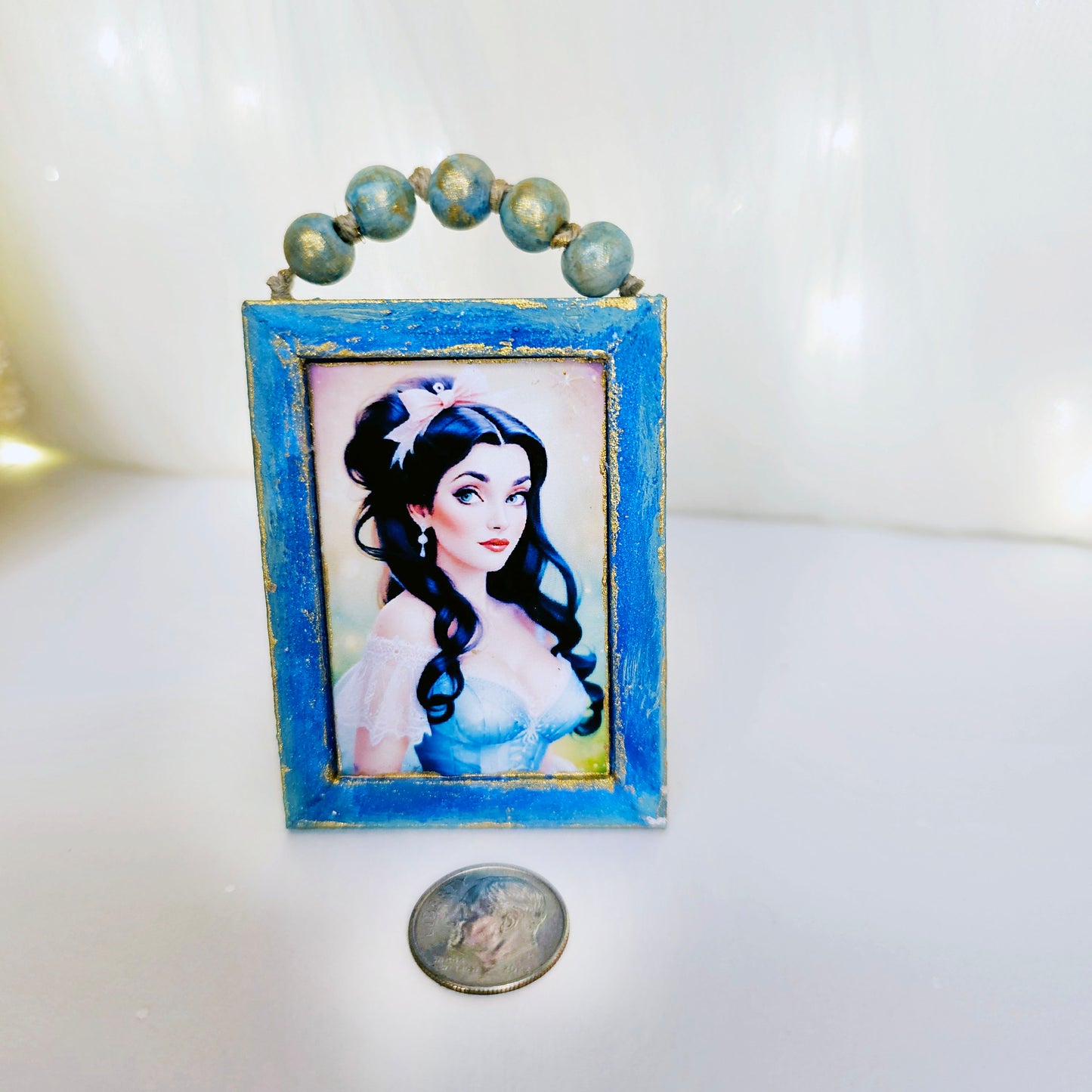 Miniature Victorian Woman No.4-1 Blue Wood Frame Dollhouse Wall Decor 1:12 Scale