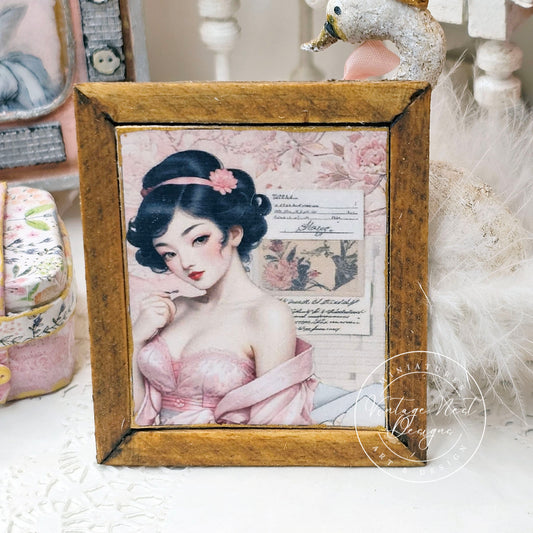 Miniature Asian Woman No.2:2 Wood Frame Dollhouse Home Wall Decor Diorama Shadow Box