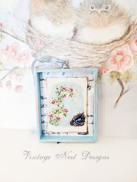 Miniature Bird Nest Roses No.15:2 Dollhouse Handmade Wooden Framed Art