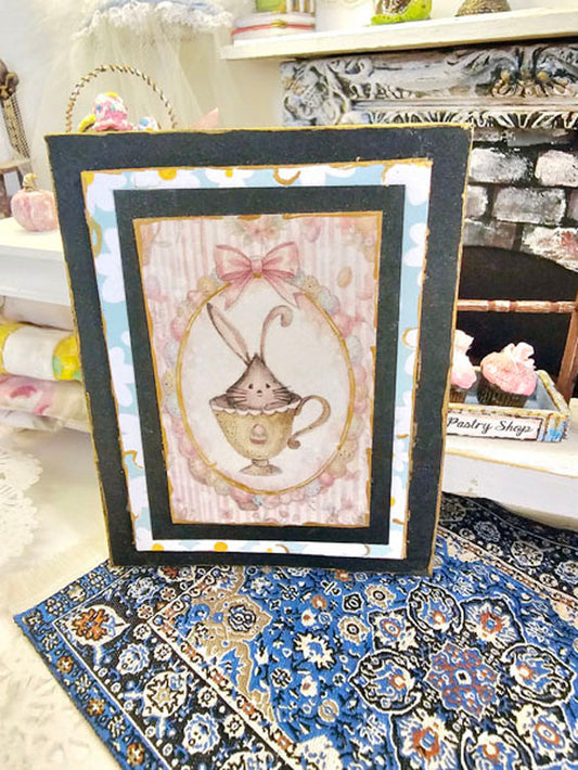 Miniature Bunny in Cup No.1:2 Handmade Framed Art for Dollhouse Diorama Shadow Box