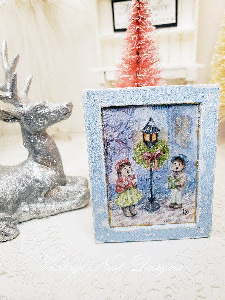 Children Carolers No.1:2 Dollhouse Miniature Handmade Wooden Framed Art