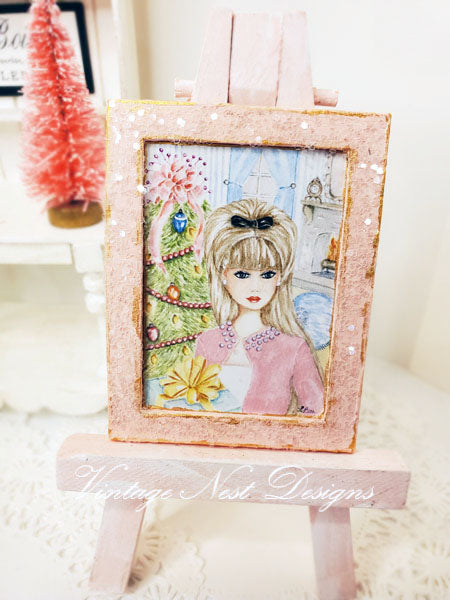 Miniature Christmas Bar bie No.11:2 Handmade for Dollhouse Wooden Framed Art