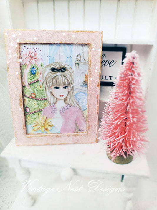 Miniature Christmas Bar bie No.11:2 Handmade for Dollhouse Wooden Framed Art