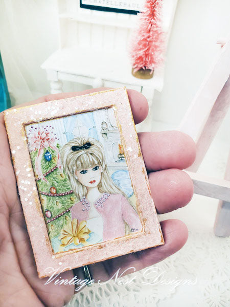 Miniature Christmas Bar bie No.11:2 Handmade for Dollhouse Wooden Framed Art