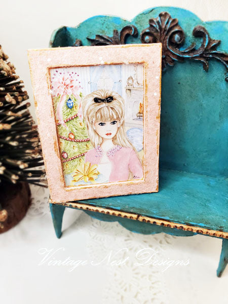 Miniature Christmas Bar bie No.11:2 Handmade for Dollhouse Wooden Framed Art