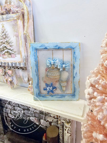 Miniature Christmas Bulbs No.3:2 Art Blue Wood Frame Dollhouse Wall Decor Diorama