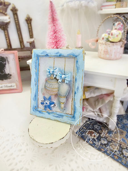 Miniature Christmas Bulbs No.3:2 Art Blue Wood Frame Dollhouse Wall Decor Diorama