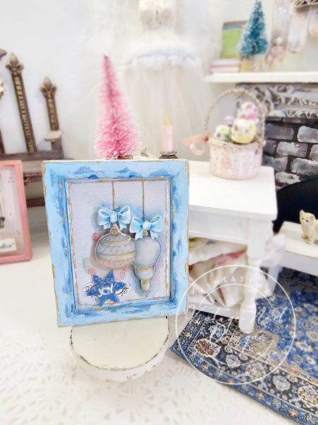 Miniature Christmas Bulbs No.3:2 Art Blue Wood Frame Dollhouse Wall Decor Diorama