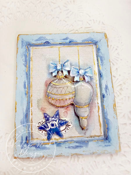 Miniature Christmas Bulbs No.3:2 Art Blue Wood Frame Dollhouse Wall Decor Diorama