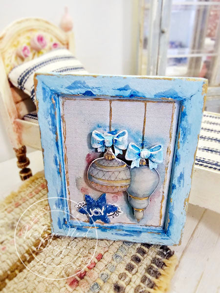 Miniature Christmas Bulbs No.3:2 Art Blue Wood Frame Dollhouse Wall Decor Diorama