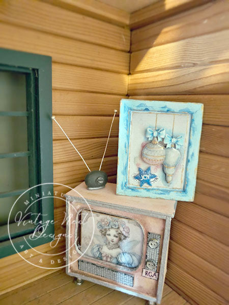 Miniature Christmas Bulbs No.3:2 Art Blue Wood Frame Dollhouse Wall Decor Diorama