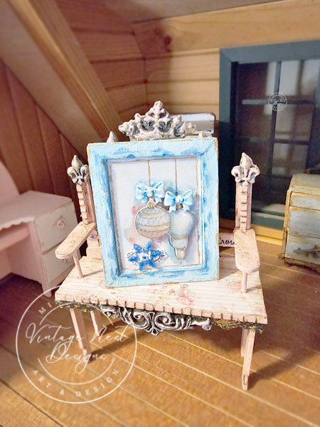 Miniature Christmas Bulbs No.3:2 Art Blue Wood Frame Dollhouse Wall Decor Diorama