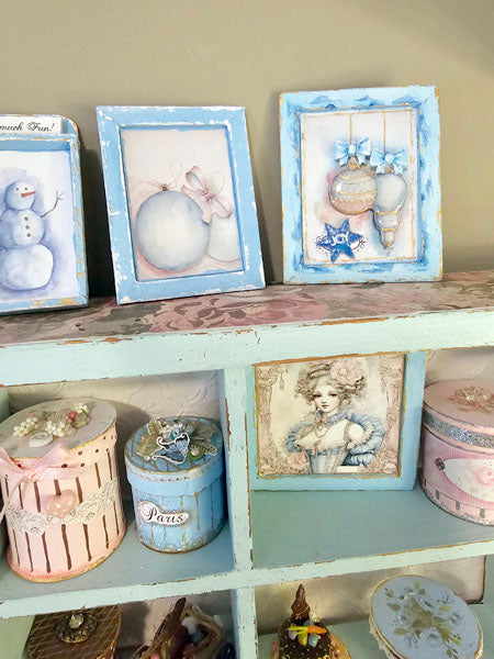 Miniature Christmas Bulbs No.3:2 Art Blue Wood Frame Dollhouse Wall Decor Diorama