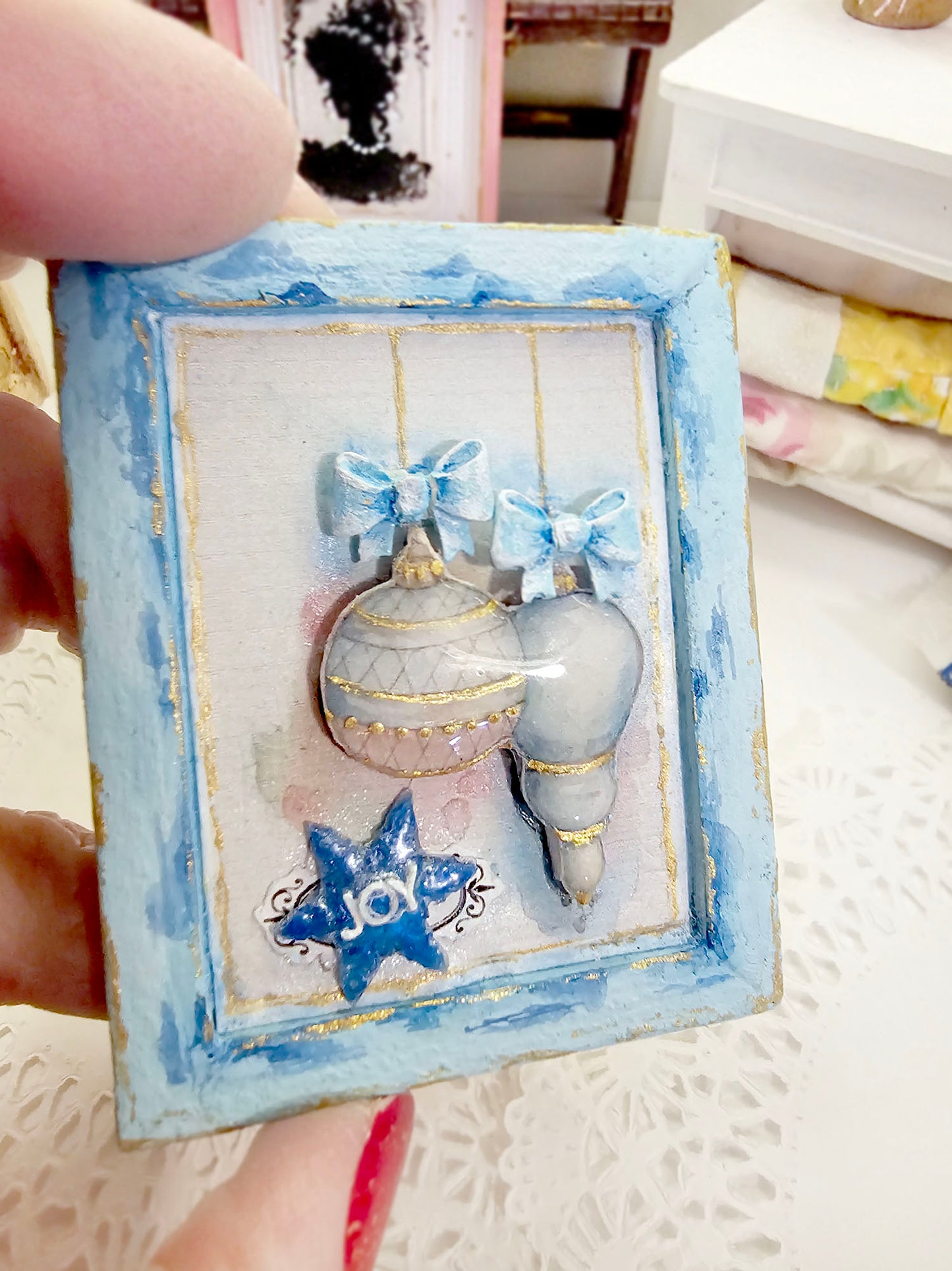 Miniature Christmas Bulbs No.3:2 Art Blue Wood Frame Dollhouse Wall Decor Diorama