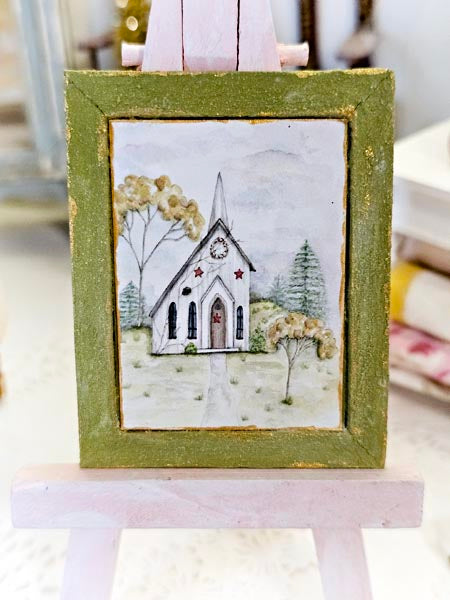 Miniature Primitive Church No.2:2 Art Handmade for Dollhouse Wall Decor Diorama Shadow Box