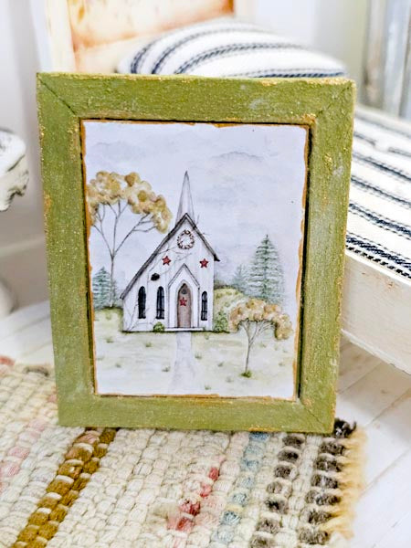 Miniature Primitive Church No.2:2 Art Handmade for Dollhouse Wall Decor Diorama Shadow Box