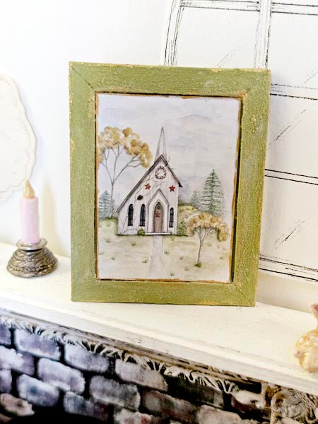 Miniature Primitive Church No.2:2 Art Handmade for Dollhouse Wall Decor Diorama Shadow Box