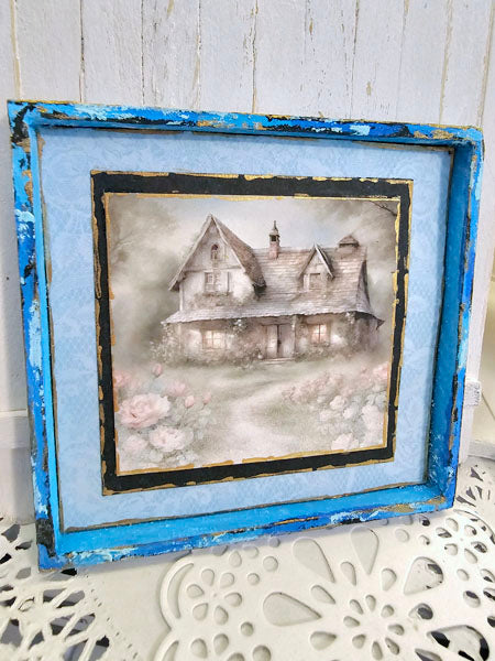 Miniatur Landhaus Bauernhof Nr. 9-2 Blauer Holzrahmen Puppenhaus Wanddeko Diorama Schattenbox Maßstab 1:12
